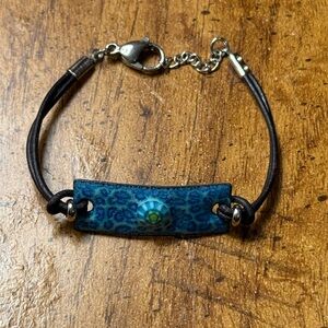 Blue Leather Bracelet with Bead Accent